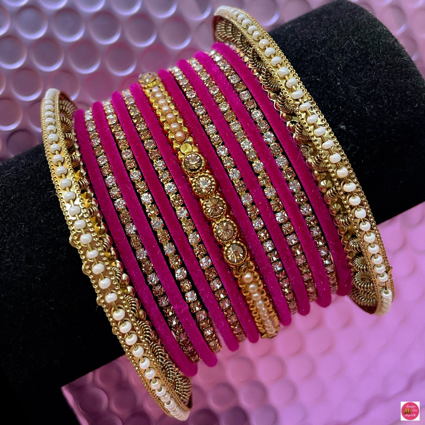 Zirconia Pearl Metal Bangles Set- Hot Pink