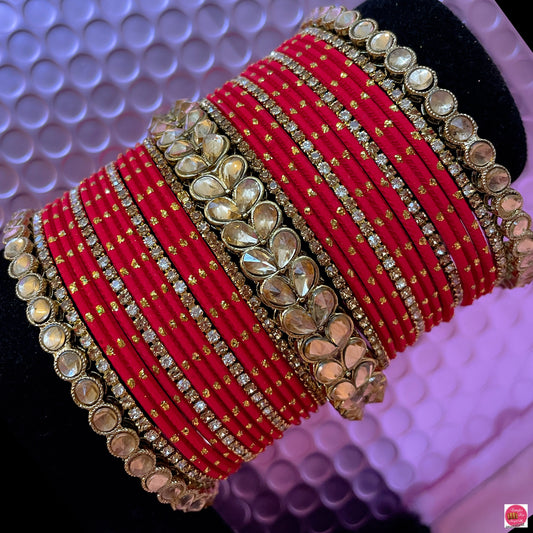 Kundan Zirconia Red Metal Bangles Set- Size 2.10