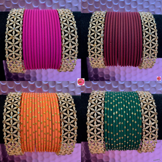 Gold Stone Metal Bangles Sets- Various Colours