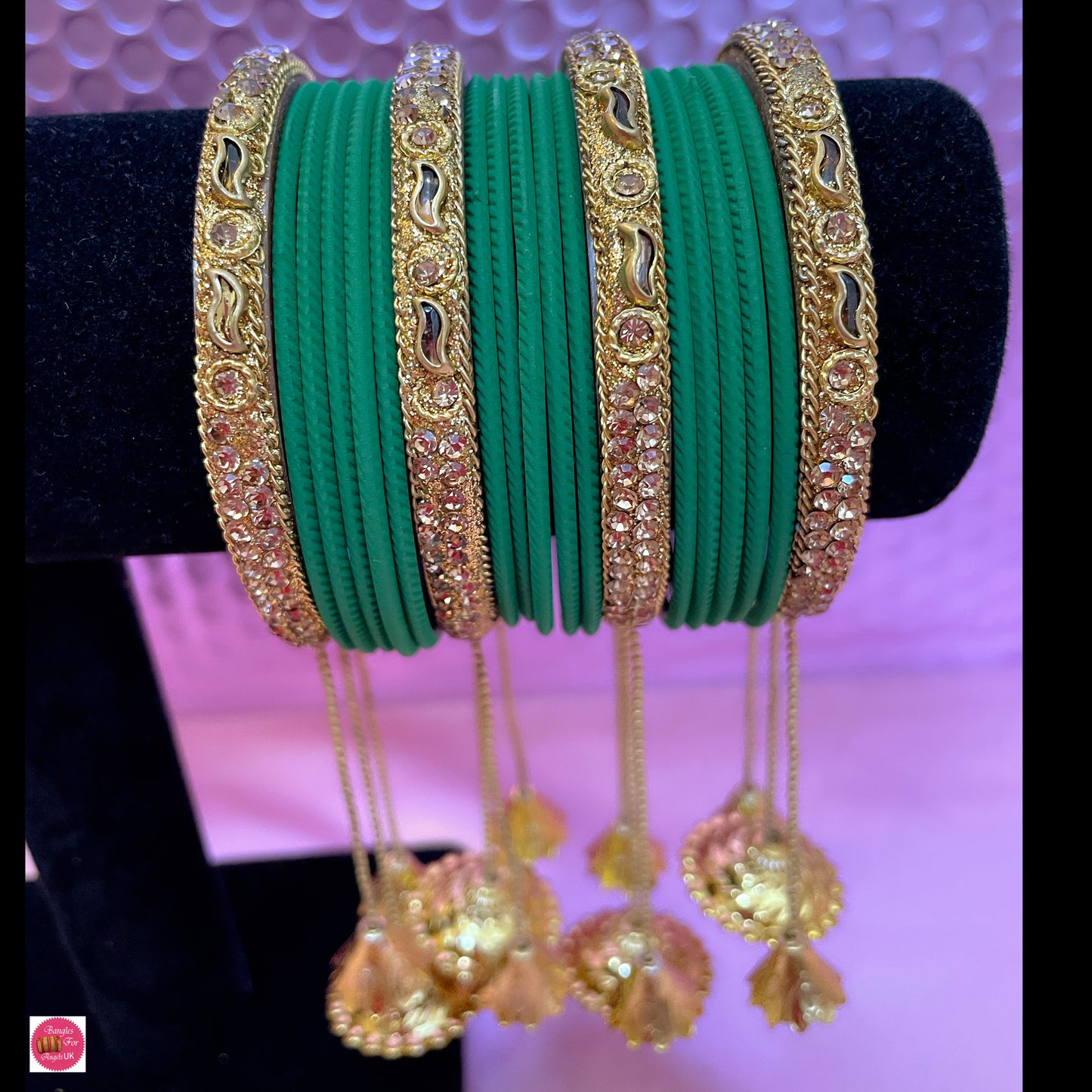 Gold Hanging Metal Bangle Set- Green