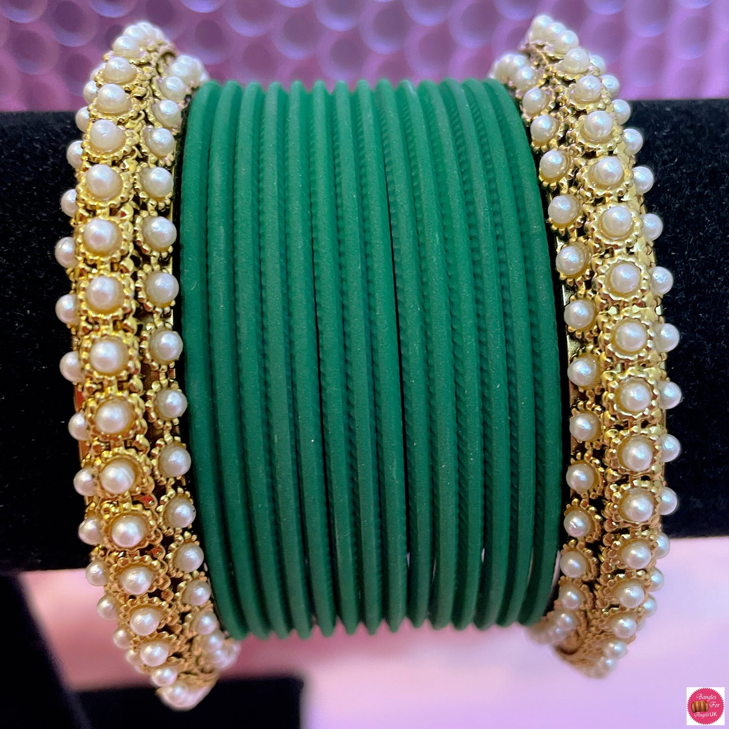 Pearl Metal Bangle Set- Green