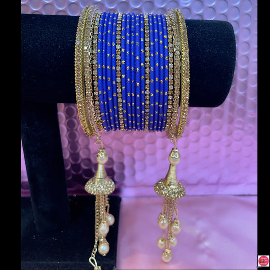 Zirconia Pearl Gold Hanging Bangles Set- Blue