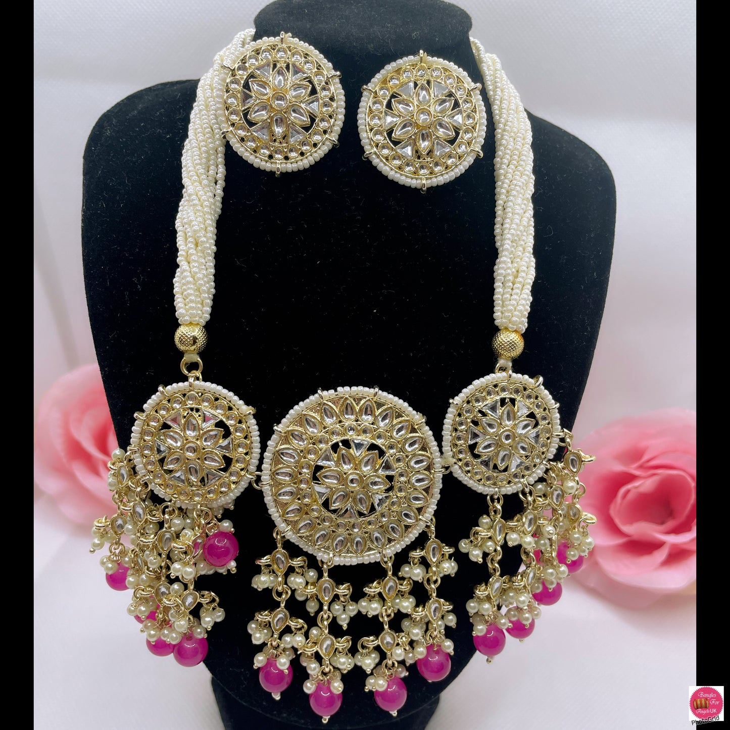 Kundan Gold Pearl Necklace & Earings Set- Fuschia