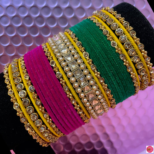 Pearl Kundan Multicoloured Velvet Metal Bangles Set