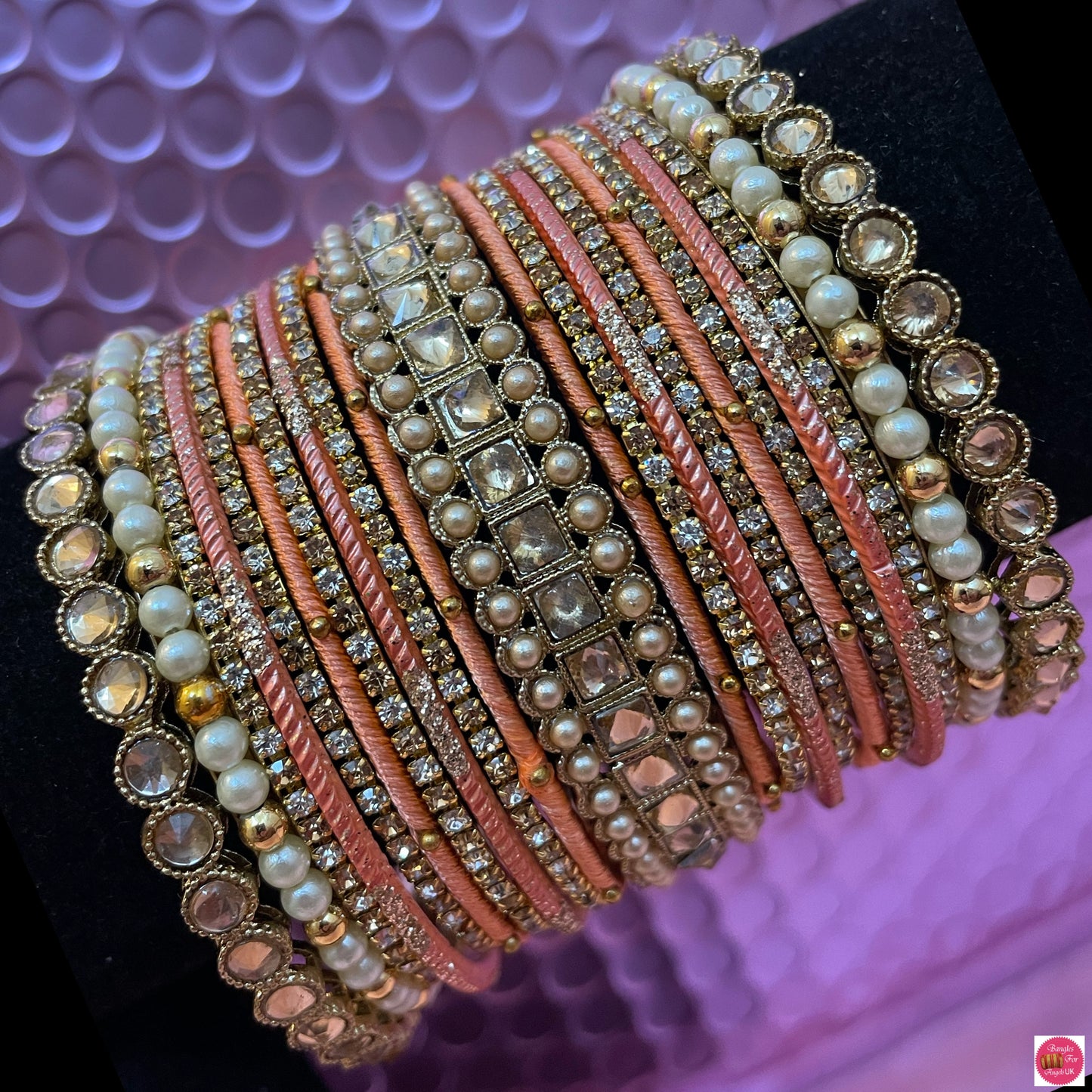 Pearl Kundan Zirconia Thread Bangles Set- Peach