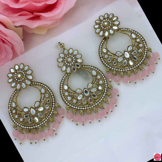 Kundan Maang Tikka & Earings Set-Light Pink
