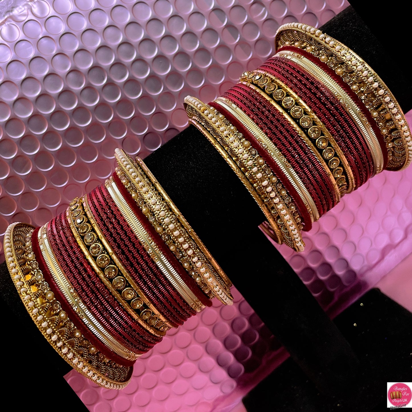 Pearl Gold Metal Bangles Set- Maroon/Champagne