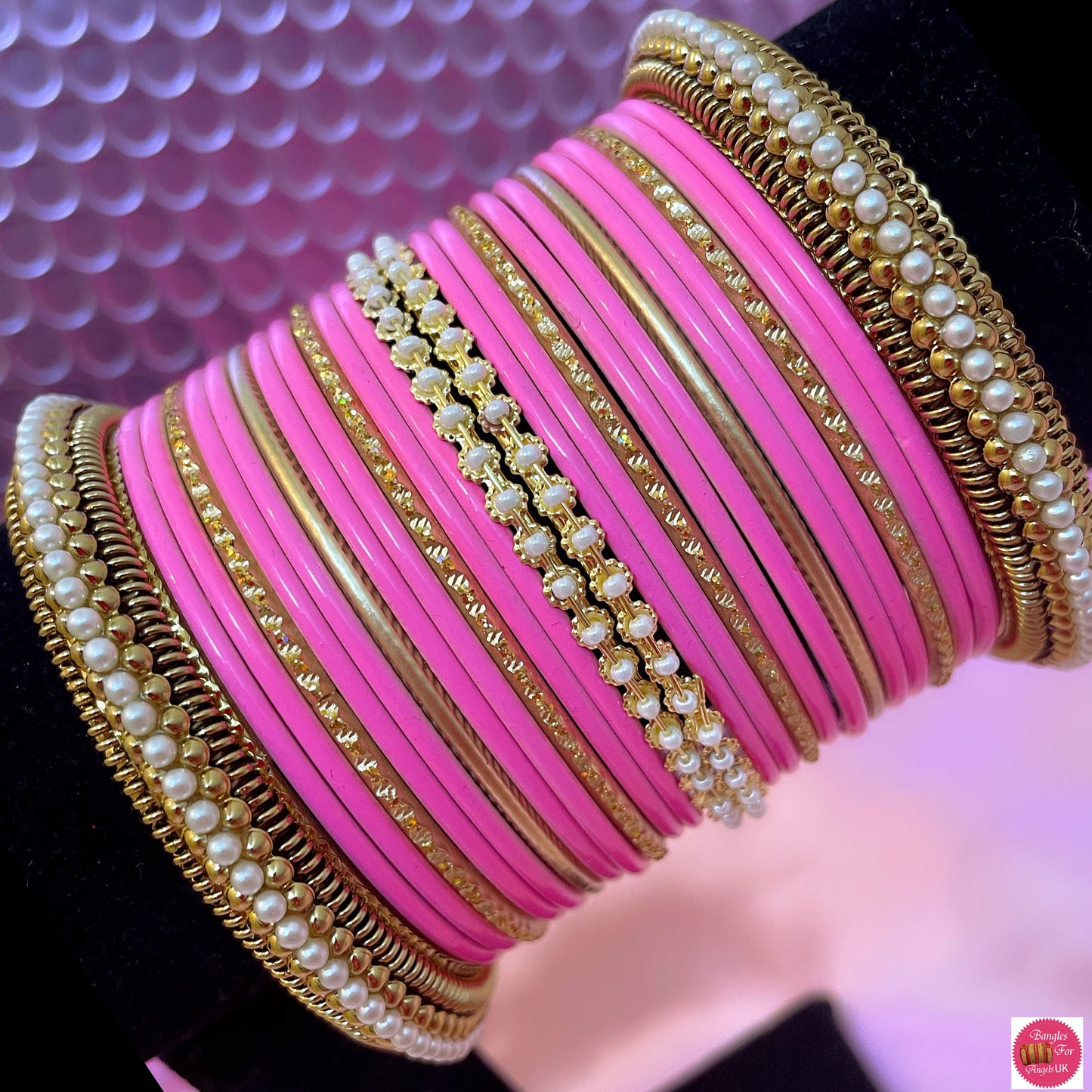 Pearl Metal Bangle Set- Pink