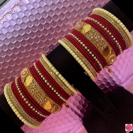 Gold Pearl Metal Bangles Set- Maroon