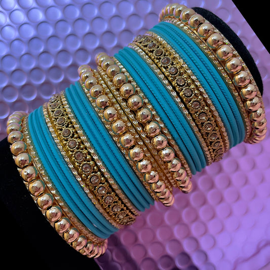 Gold Metal Bangles Set- Turquoise