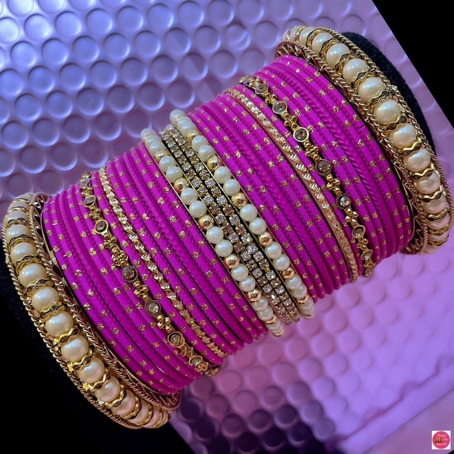 Pearl Zirconia Metal Bangles Set- Hot Pink