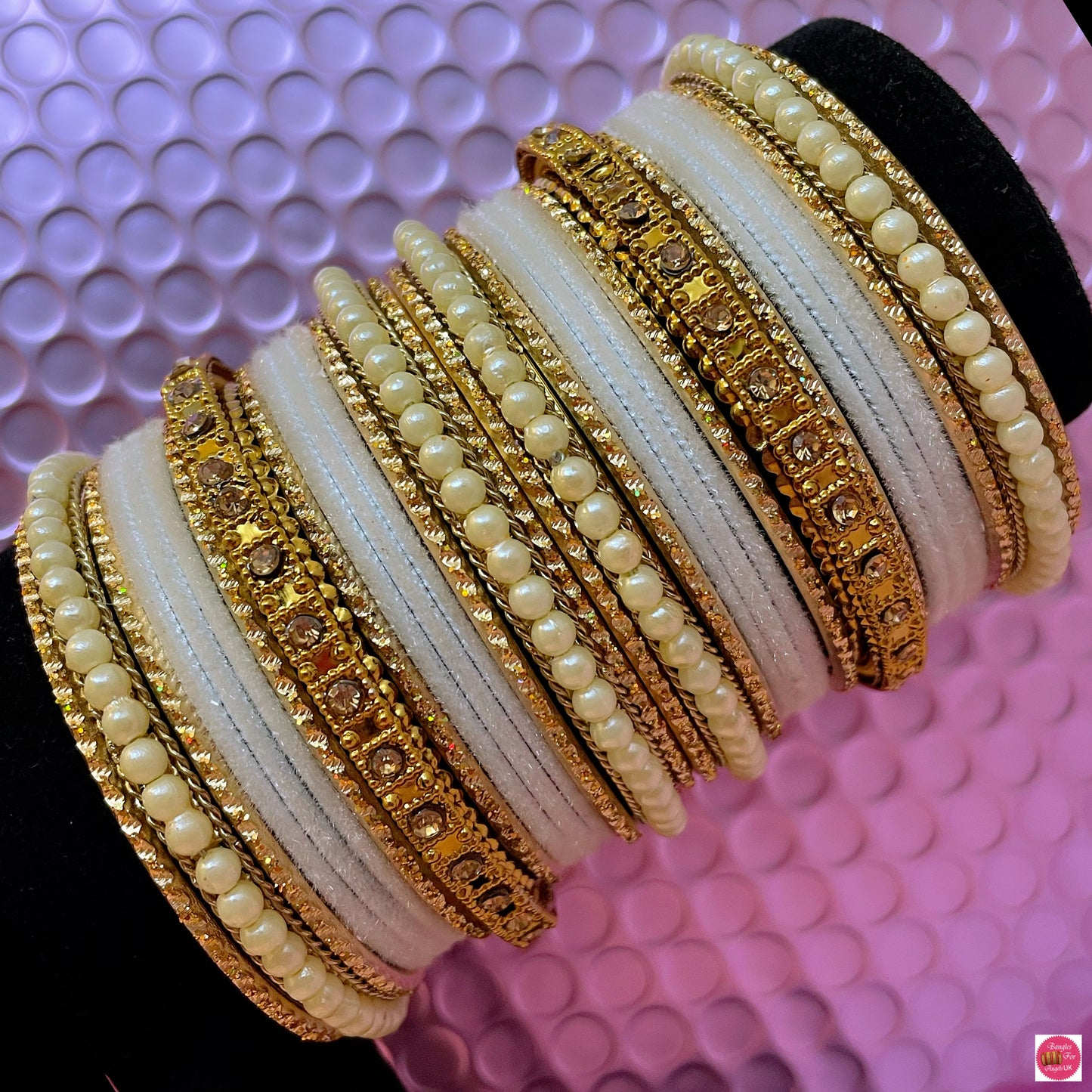 Pearl White Velvet Metal Bangles Set