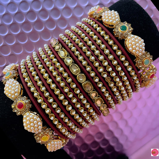 Pearl Kundan Metal Bangles Set- Maroon