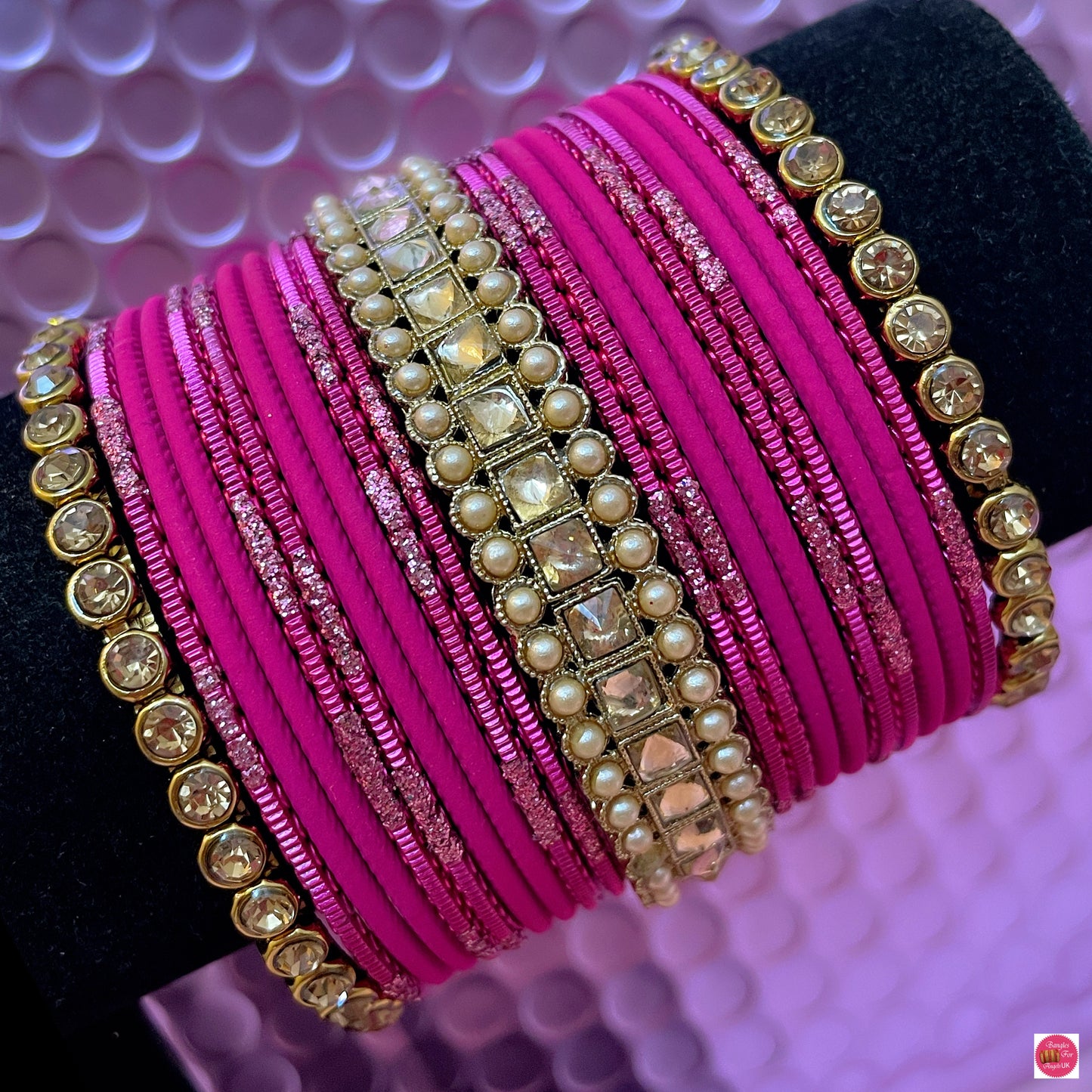 Kundan Metal Bangles Set- Hot Pink