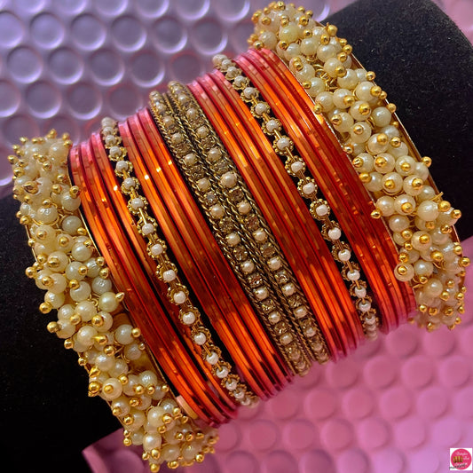 Pearl Metal Bangles Set- Orange