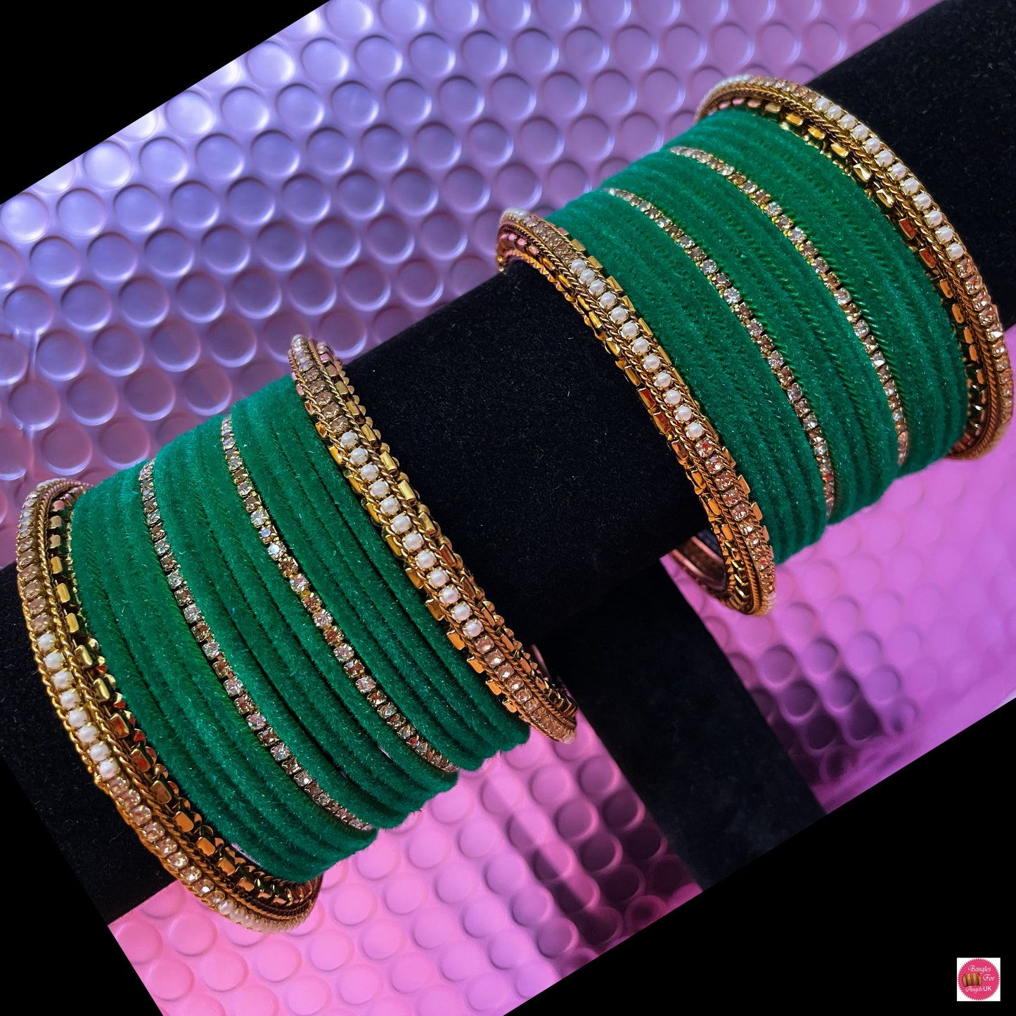 Gold/Zirconia Velvet Bangles Set- Green