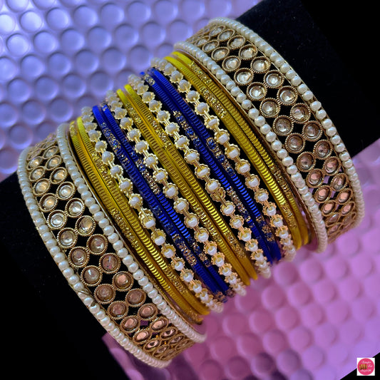 Kundan Pearl Metal Bangles Set- Yellow & Blue