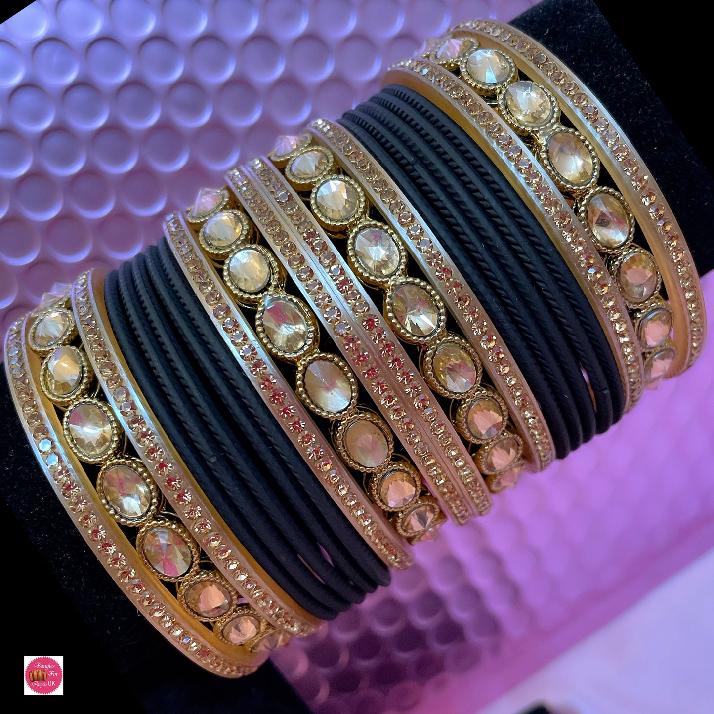 Kundan Metal Bangle Set- Black