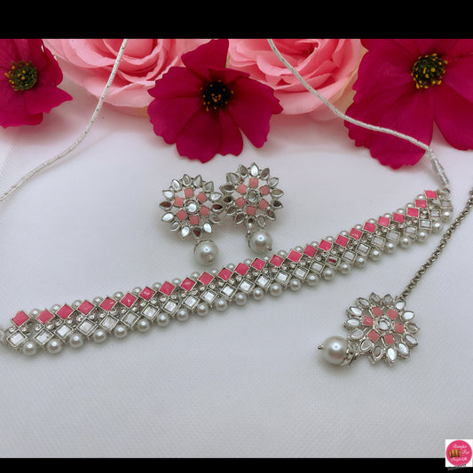 Silver Pearl Mirror Choker, Earings & Maang Tikka Set- Pink