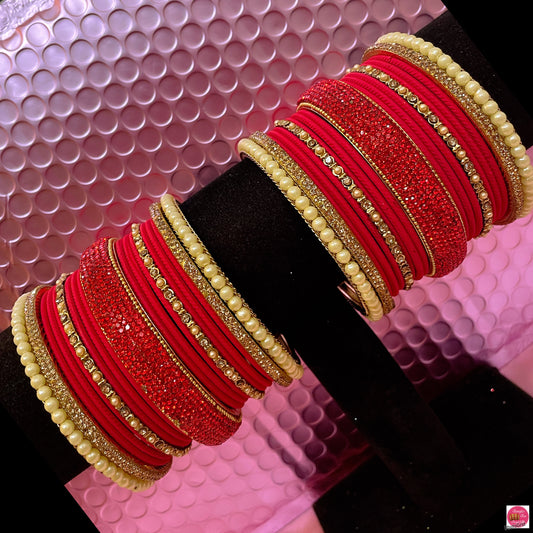 Pearl Zirconia Metal Bangles Set- Red