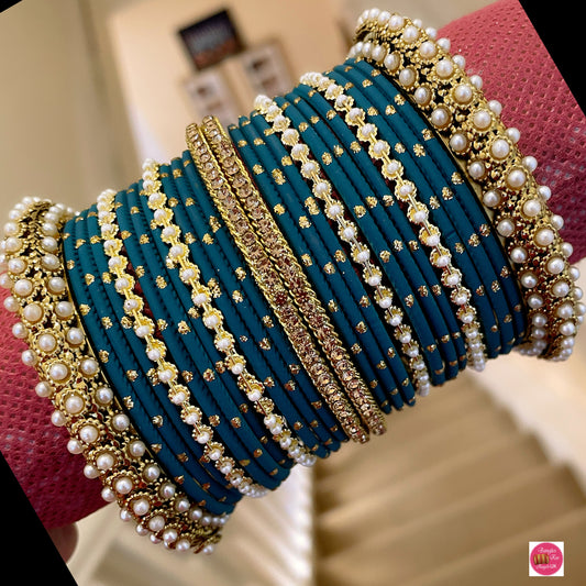 Pearl Bangles Set- Teal