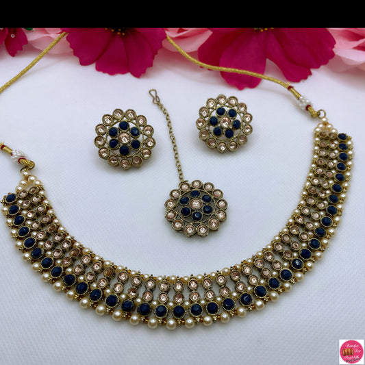 Kundan Necklace , Earings & Maang Tikka Set- Navy Blue