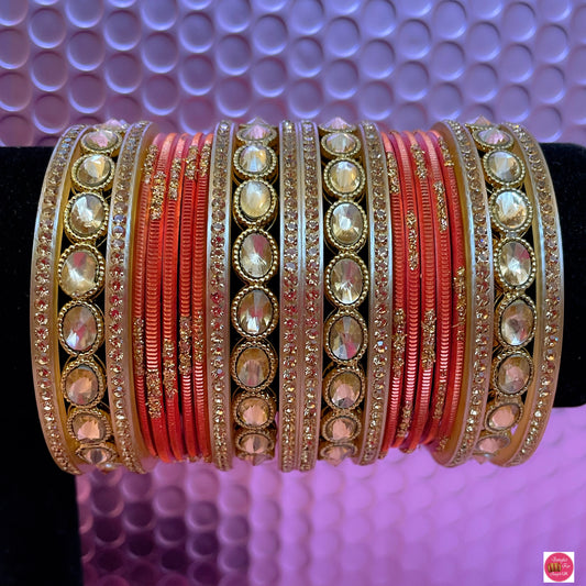 Kundan Metal Bangle Set- Peach