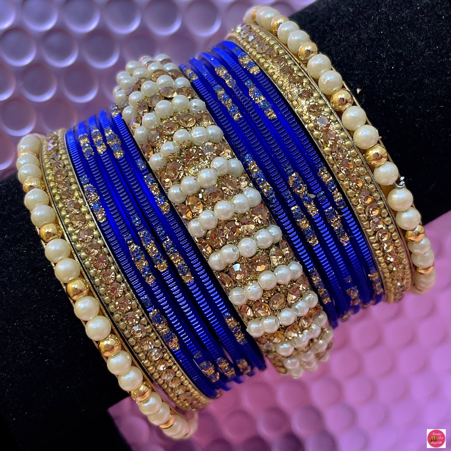 Pearl Metal Bangles Set- Blue