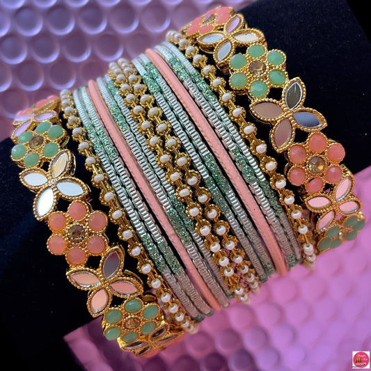 Mint Green & Peach Leaf Pearl Metal Bangles Set