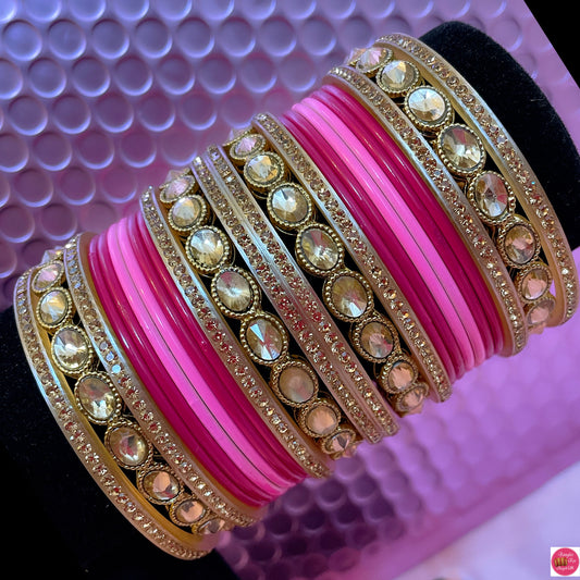 Kundan Metal Bangle Set- Pink