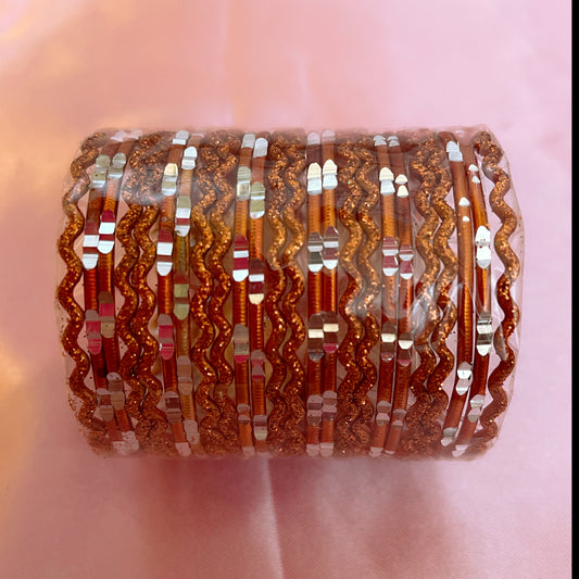 Orange/Brick Zigzag Metal Bangle Set- Size 1.10