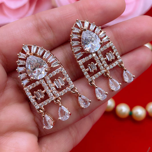 American Diamond Tassle Earings- White In Rose Gold