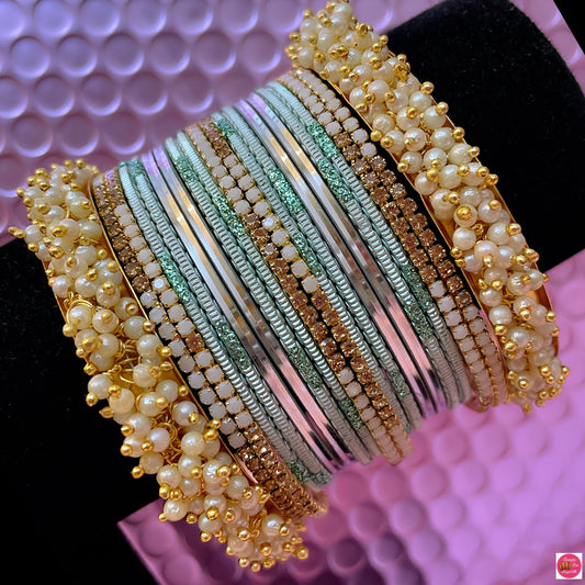 Pearl Metal Bangles Set- Mint Green/Silver