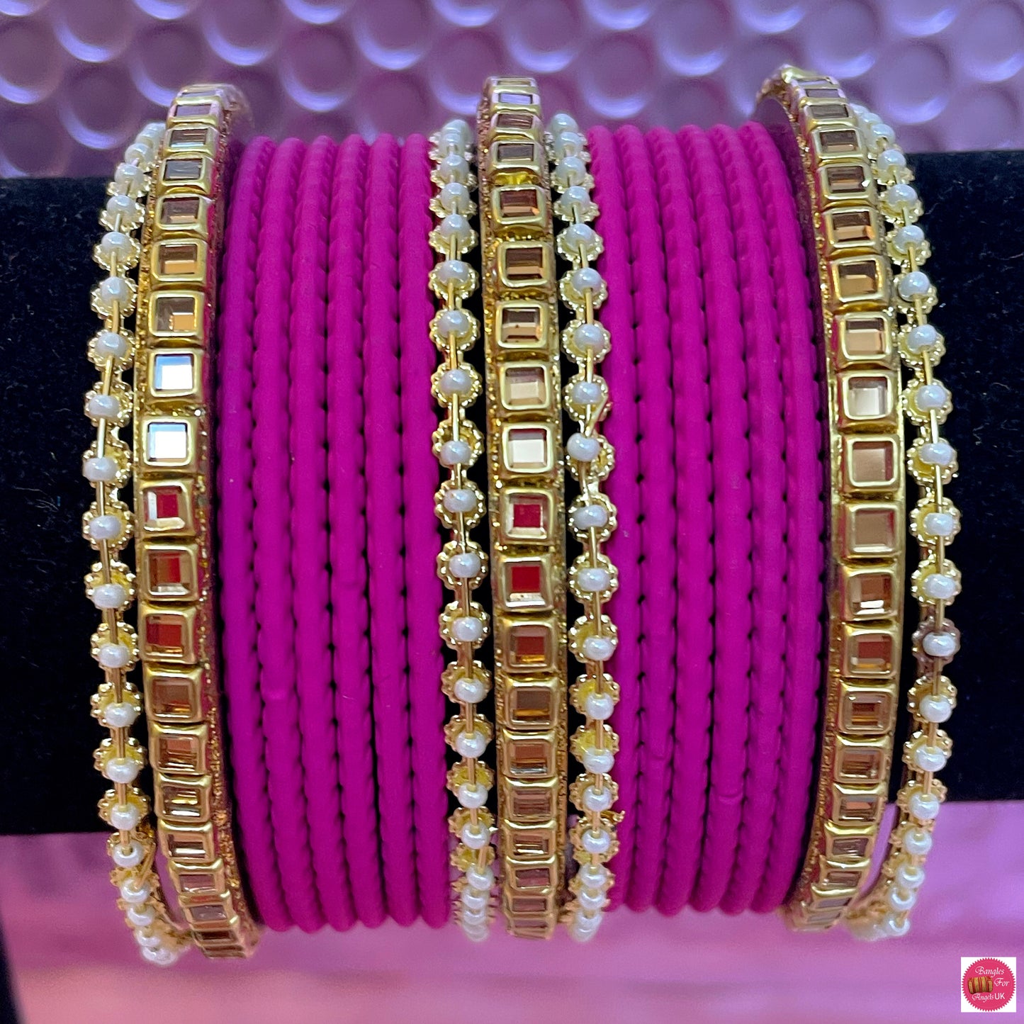 Pearl/Kundan Bangle Set- Hot Pink