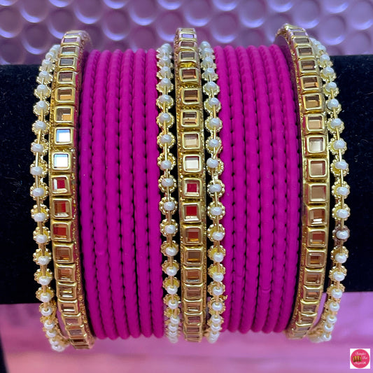 Pearl/Kundan Bangle Set- Hot Pink