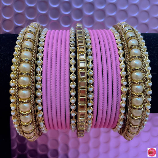 Pearl Kundan Metal Bangles Set- Baby Pink