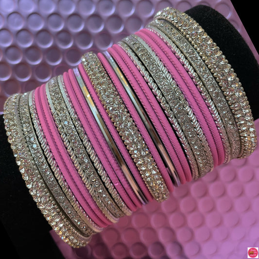 Silver Metal Bangles Set- Baby/Light Pink