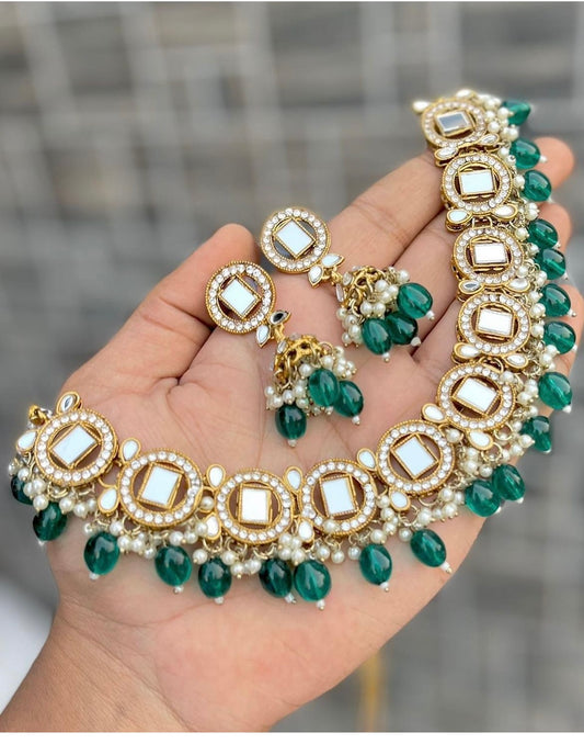 Mirror Pearl Choker Earings Set- Green