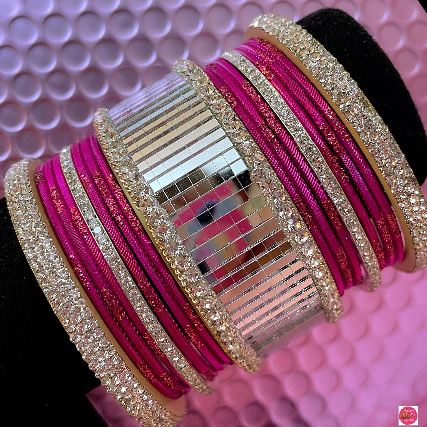 Silver Mirror Metal Bangles Set- Magenta