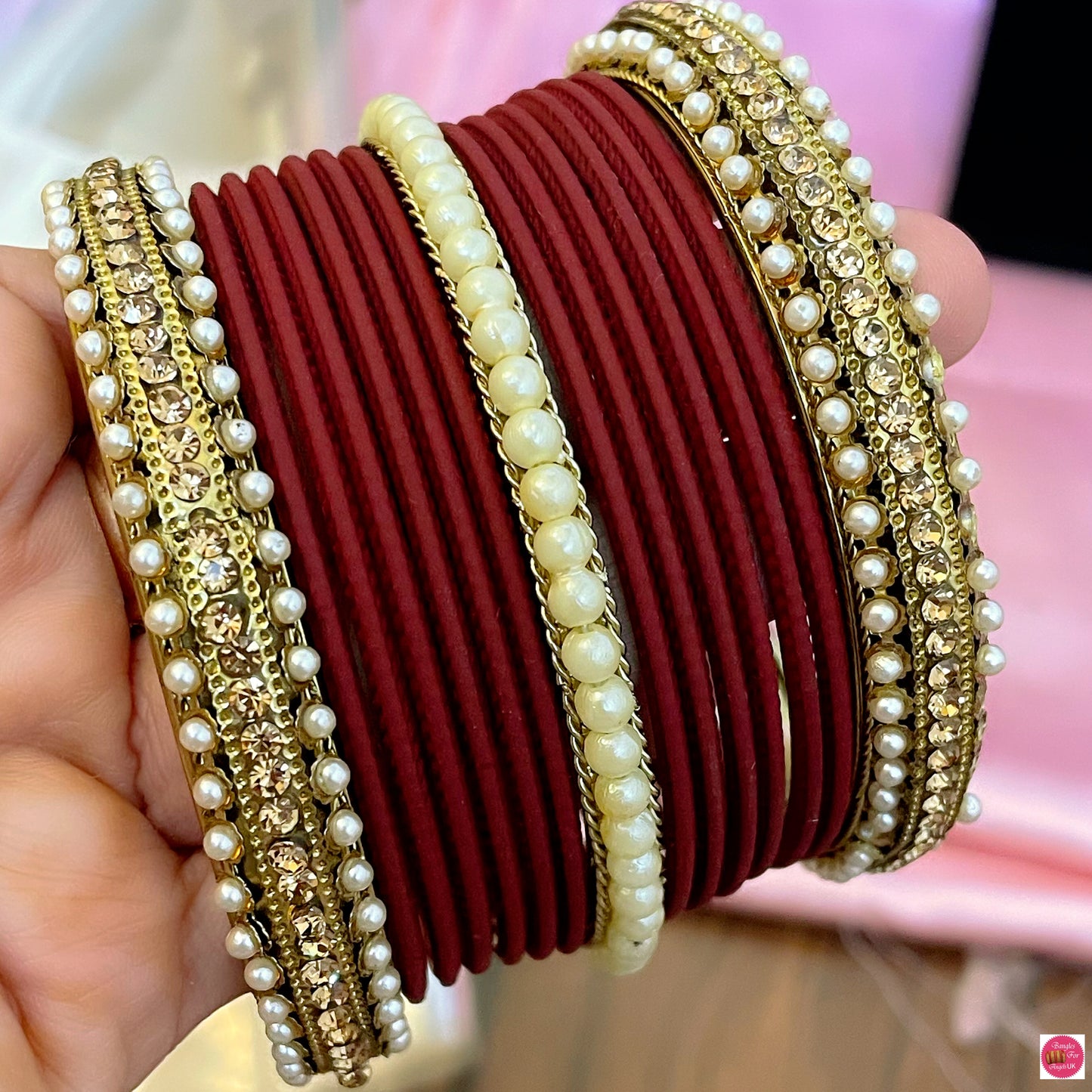 Pearl Metal Bangles Set- Maroon