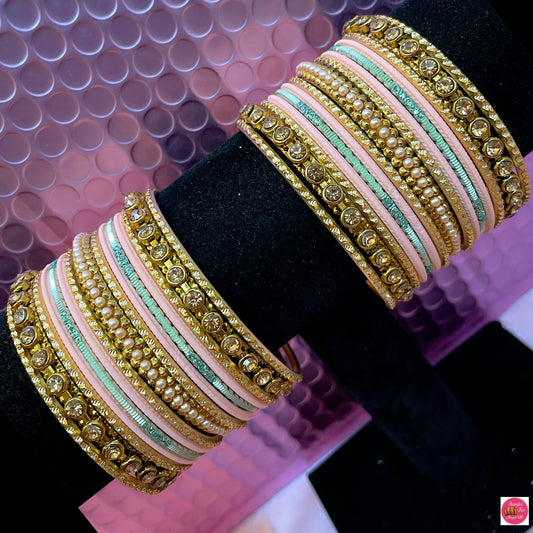 Gold Metal Bangles Set- Peach & Mint Green