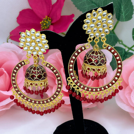 Aisha Kundan Statement Earings- Maroon/Burgundy