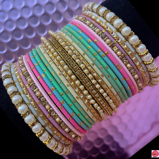 Pearl Pastel Metal Bangles Set- Multicoloured