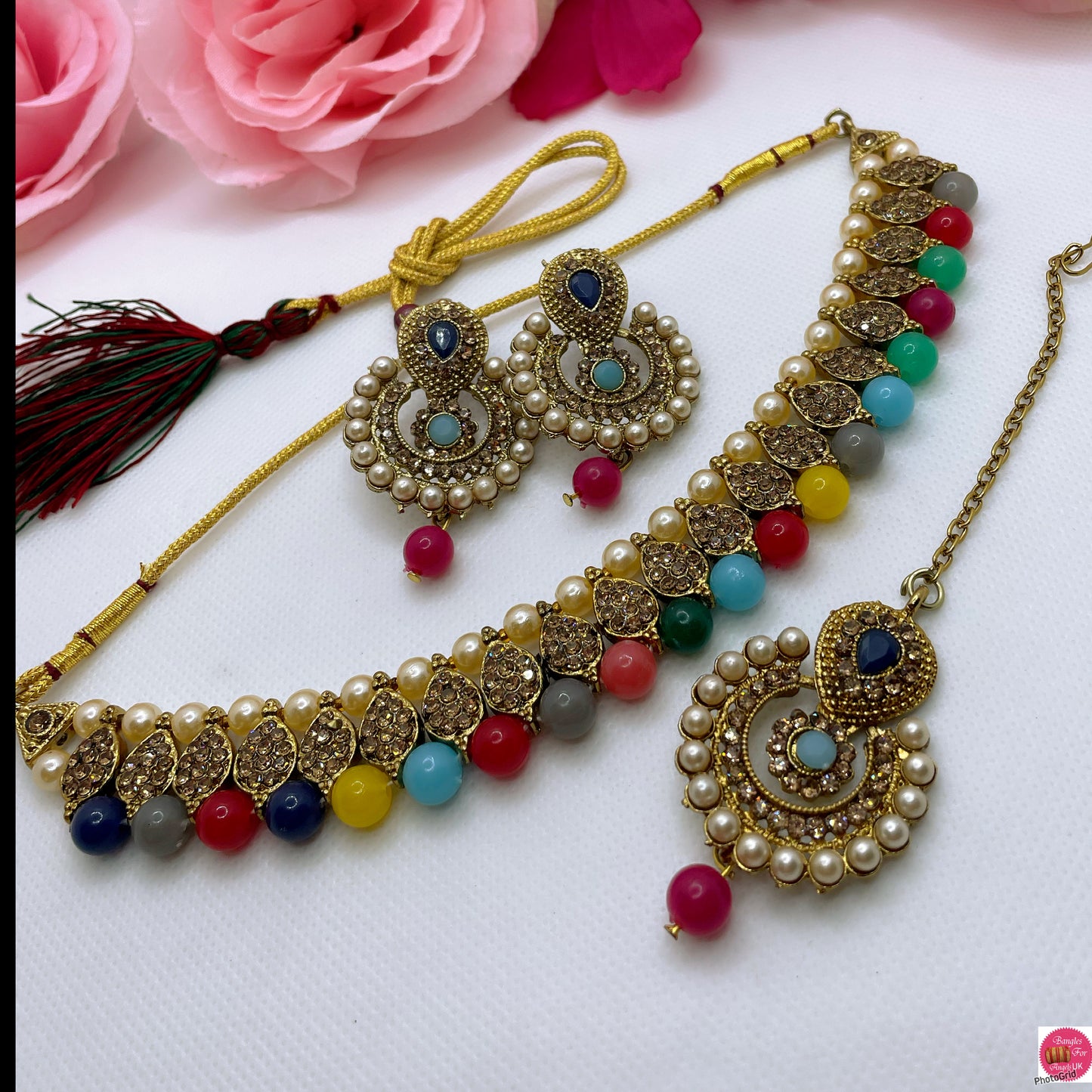 Multicoloured Pearl Choker, Earrings & Maang Tikka Set