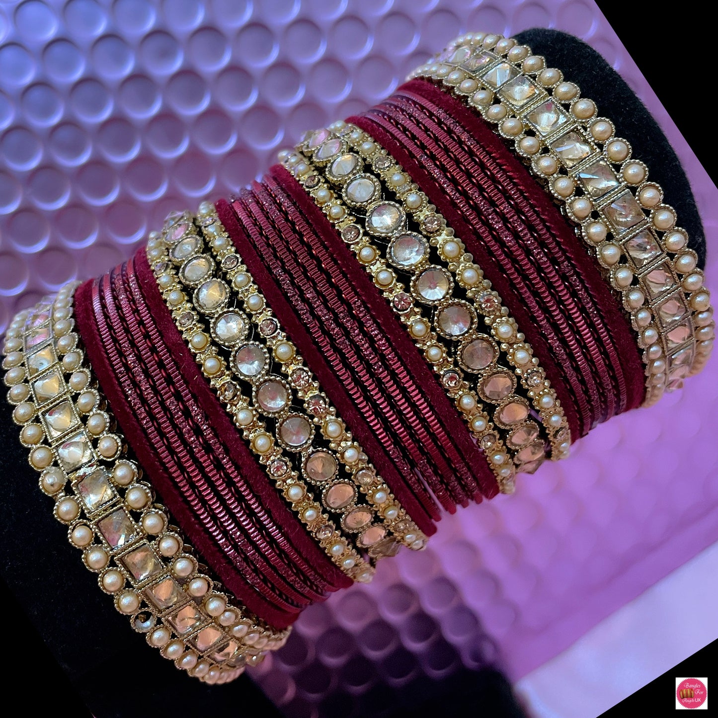 Kundan/Pearl Metal Bangles Set- Maroon