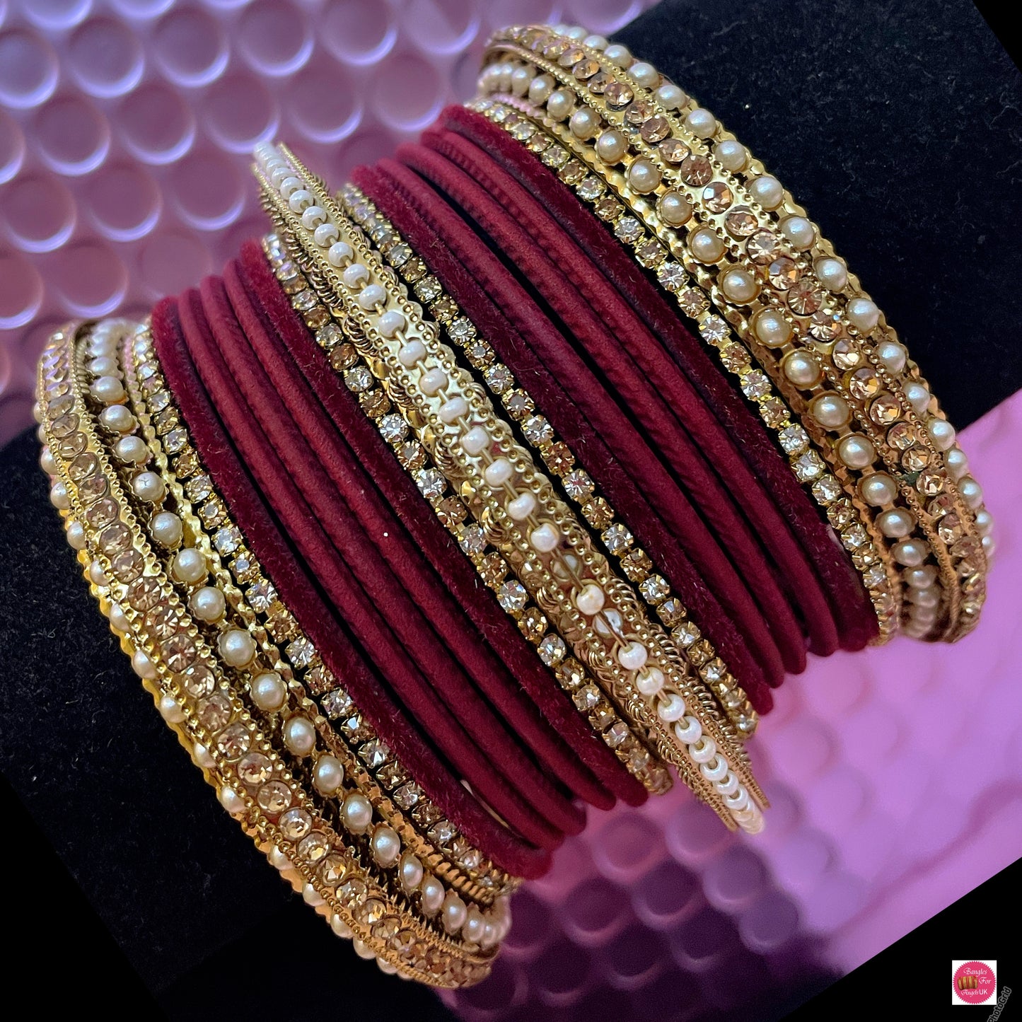 Pearl Zirconia Metal Bangles Set- Maroon