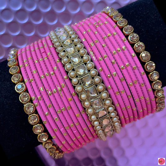 Kundan Metal Bangles Set- Light Pink