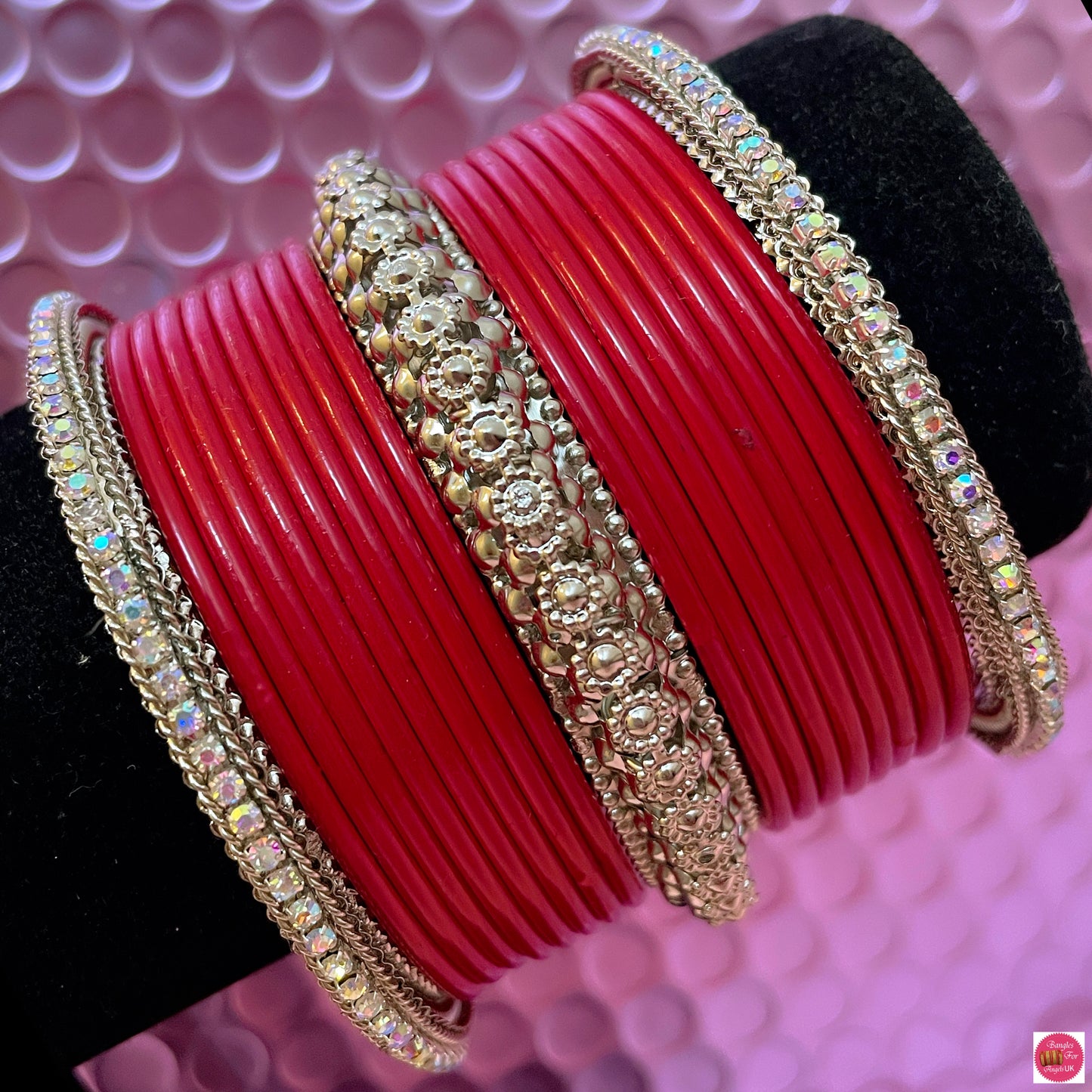 Silver Metal Bangles Set- Red