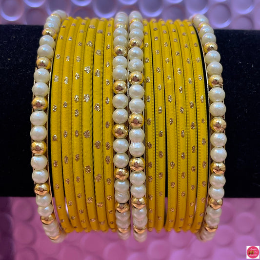 Pearl Metal Bangles Set- Yellow