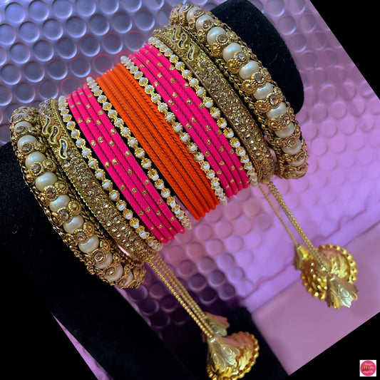 Pearl Hanging Metal Bangles Set- Orange/Pink